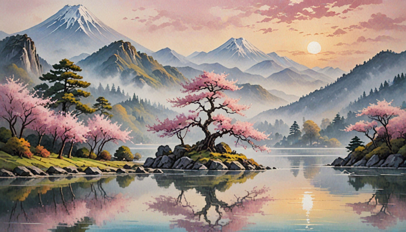 A beautiful ancient sakura tree in front of a lake. Mountain...