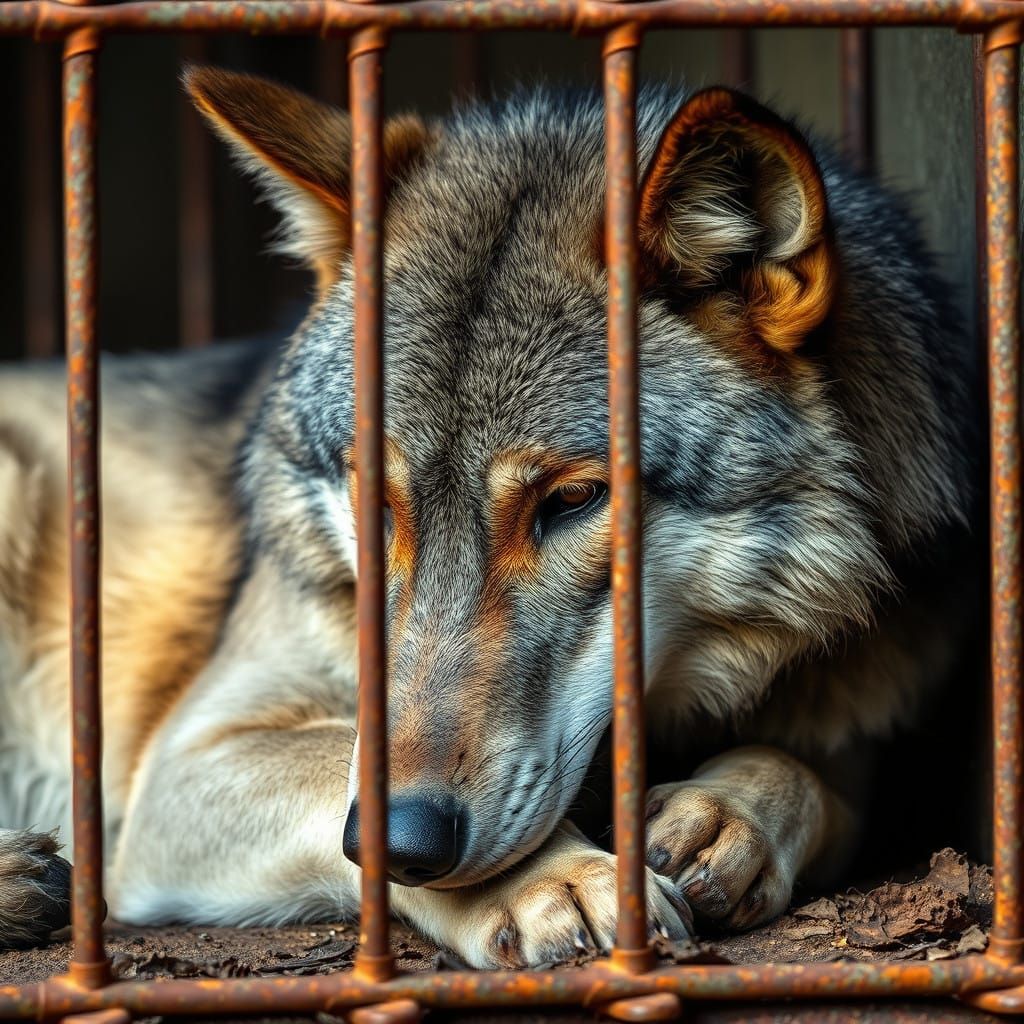 Grey Wolf in Rusty Cage