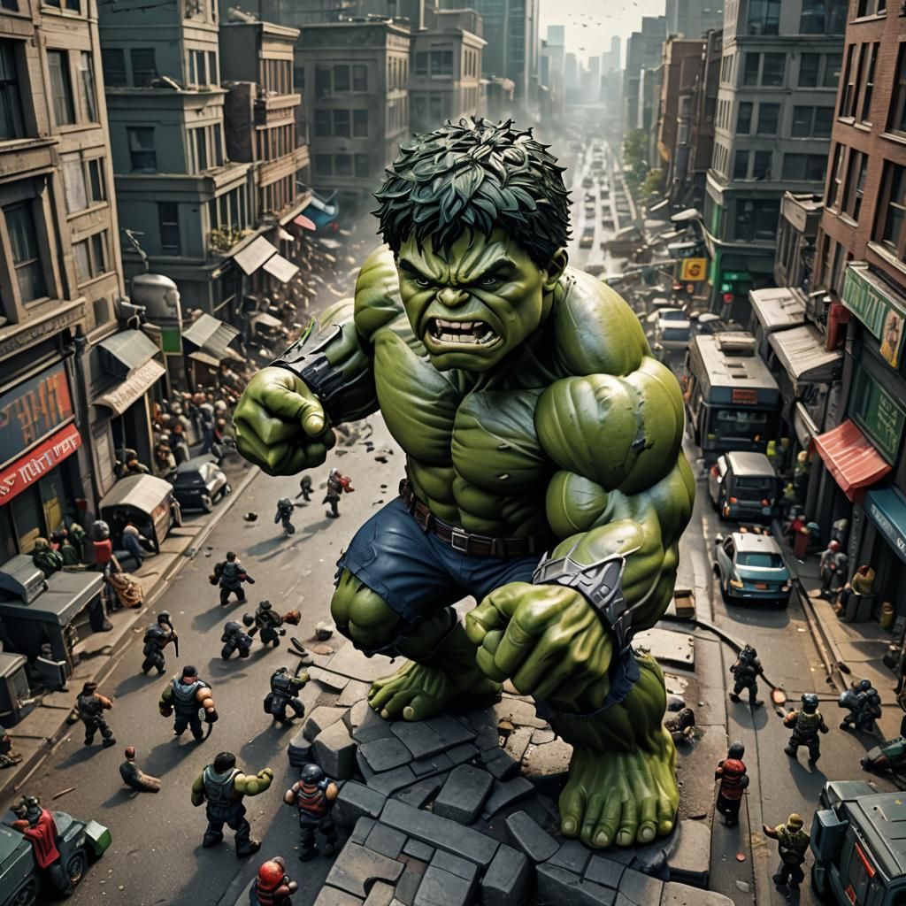 Chibi Hulk in Hyperrealistic Urban Battle