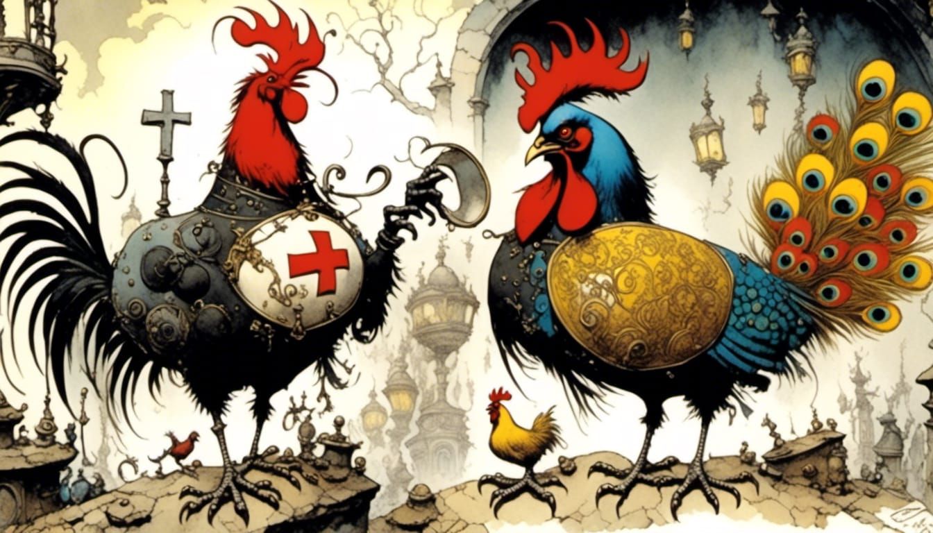 Rooster Boxing in Dark Whimsical Style
