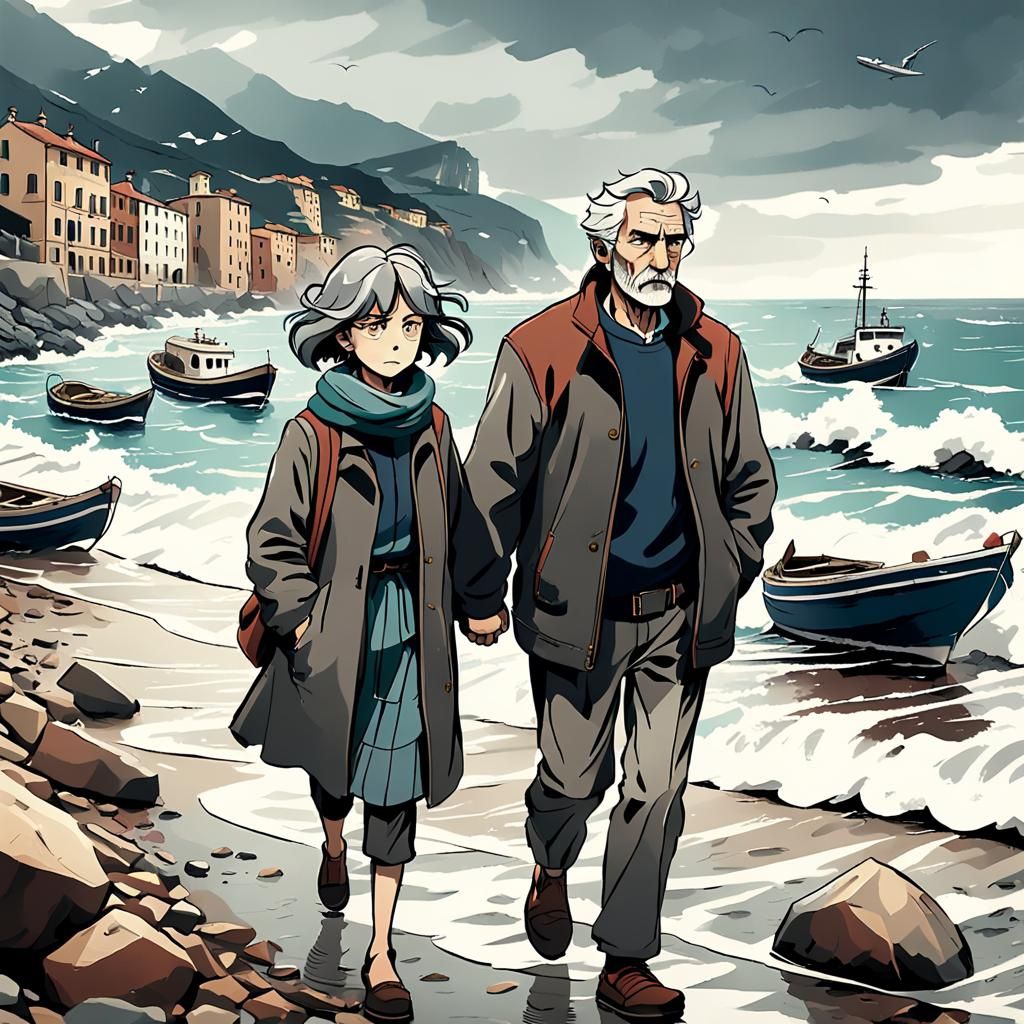 Italian Couple Stroll on Ligurian Beach in Anime Style