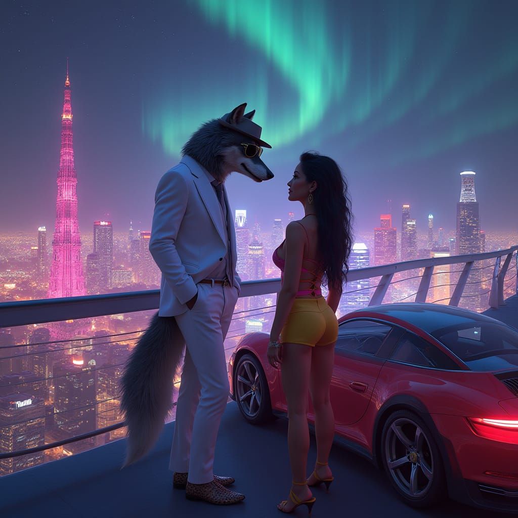 Charming Wolf in Futuristic 80s Nighttime Cityscape