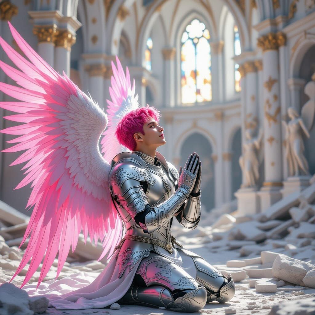 Male Angel in Silver Armor Praying in Ruins