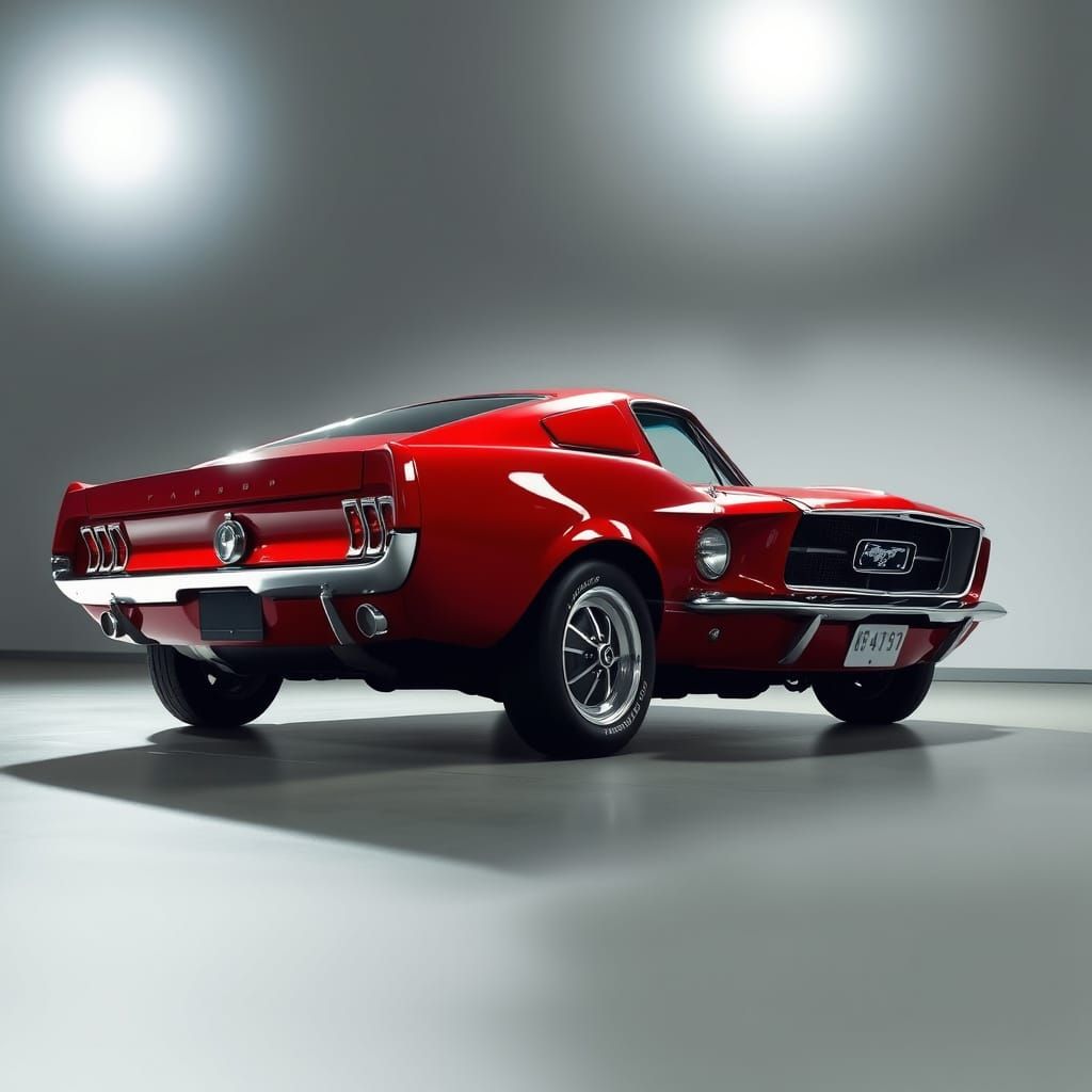 1967 Red Ford Mustang Fastback Under Spotlights