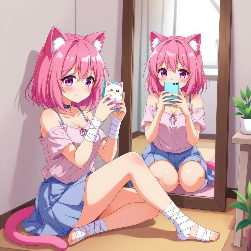 Anime Girl with Cat Ears Taking Mirror Selfie