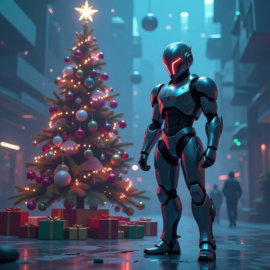 Futuristic Robot's Christmas Rage: A Sci-Fi Scene