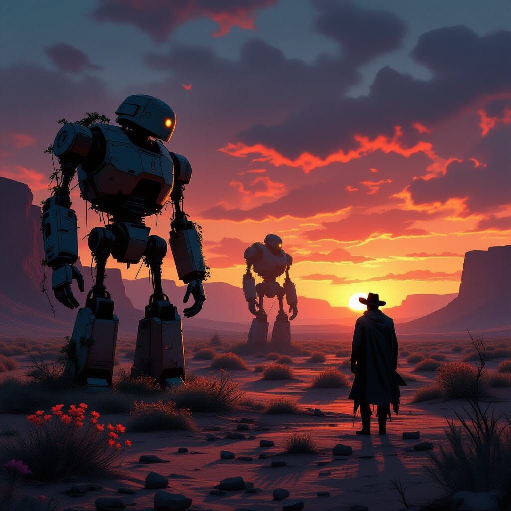 Cowboy in Overgrown Desert with Derelict Robots