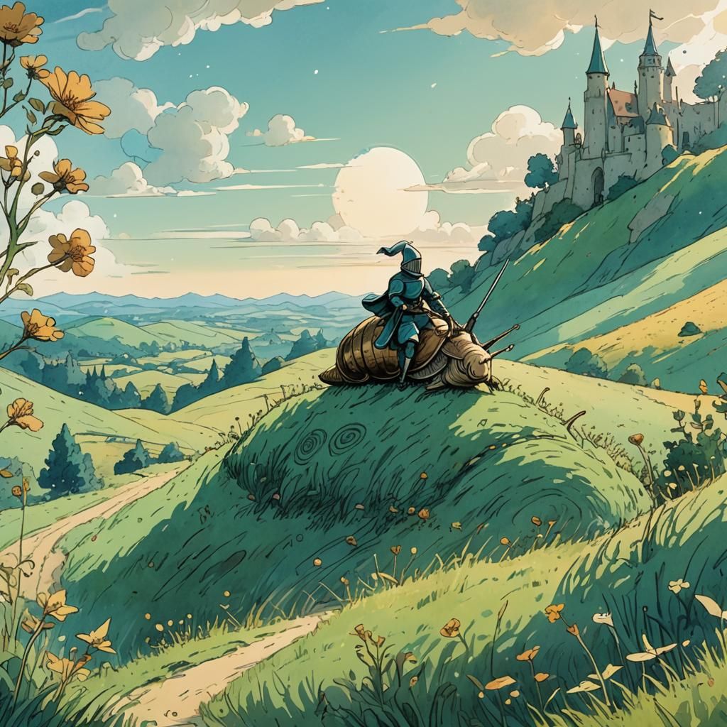 Knight Rides Snail: Medieval Doodle Art