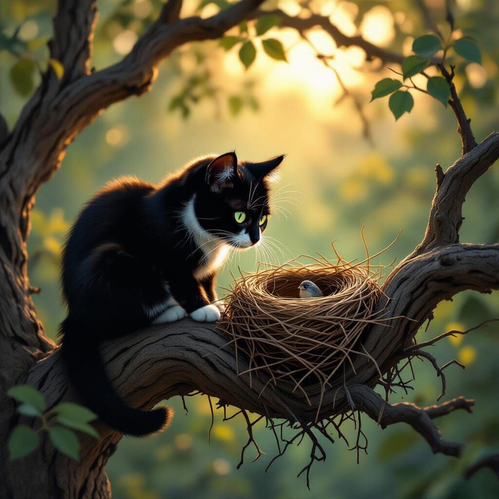 Tuxedo Kitty Peeks Into Bird's Nest in Sun-Drenched Forest