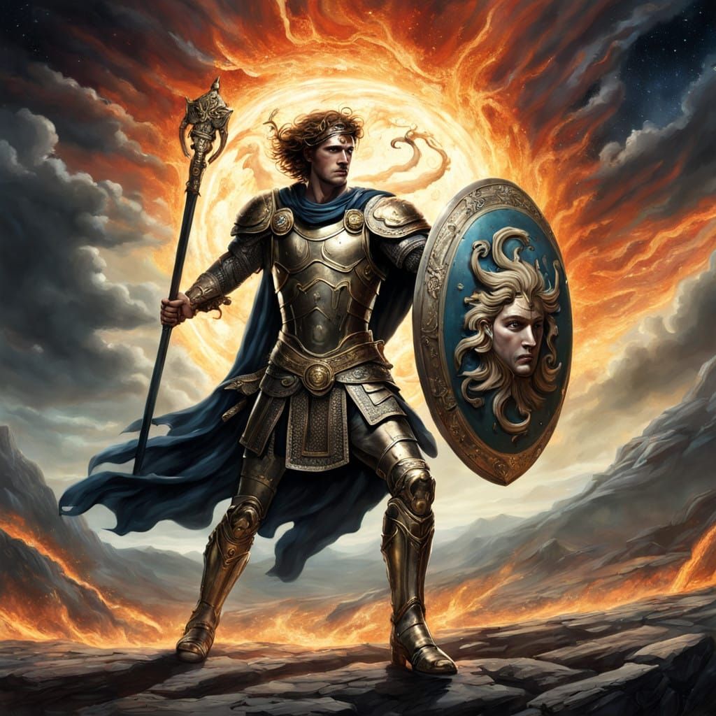 Heroic Perseus Conquers a Fiery Battlefield in Epic Style