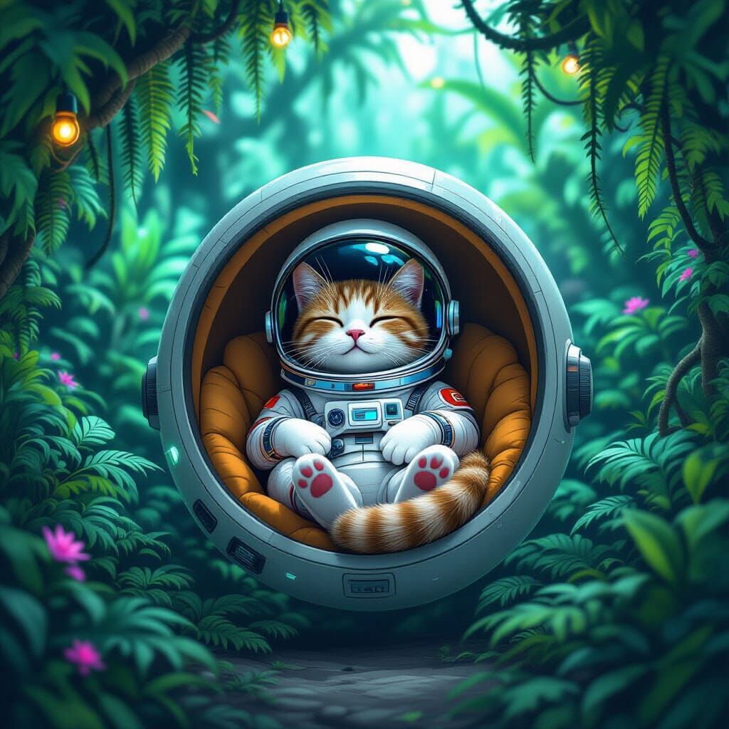 Astronaut Cat in Alien Jungle Reading Pod
