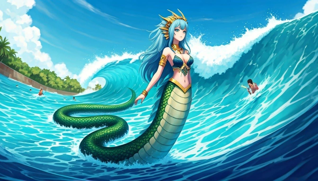 Majestic Naga in Anime Style Water Park Scene