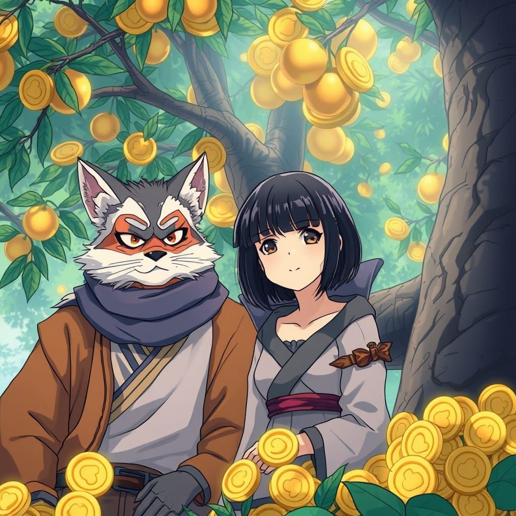 Japanese Manga Gods Seek Fortune Under Golden Tree