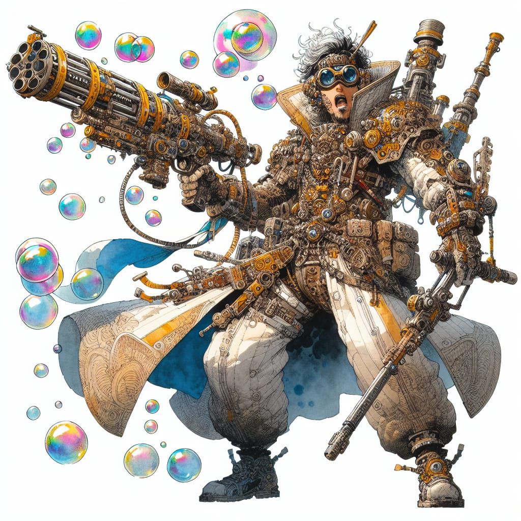 Eccentric Biopunk Savager with Bubble Gun, Anime Style
