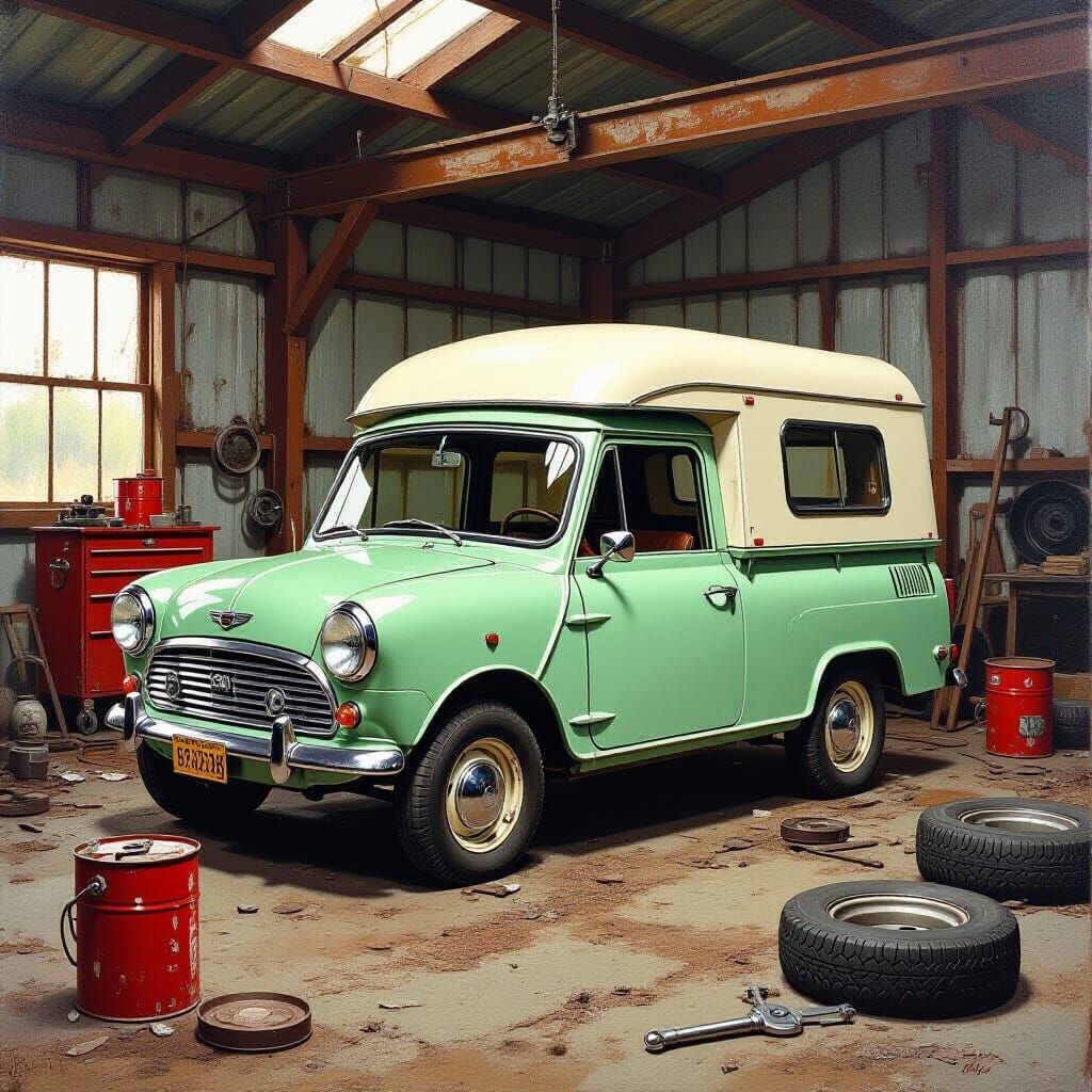 Vintage Mini Camper in Abandoned Workshop Oil Painting