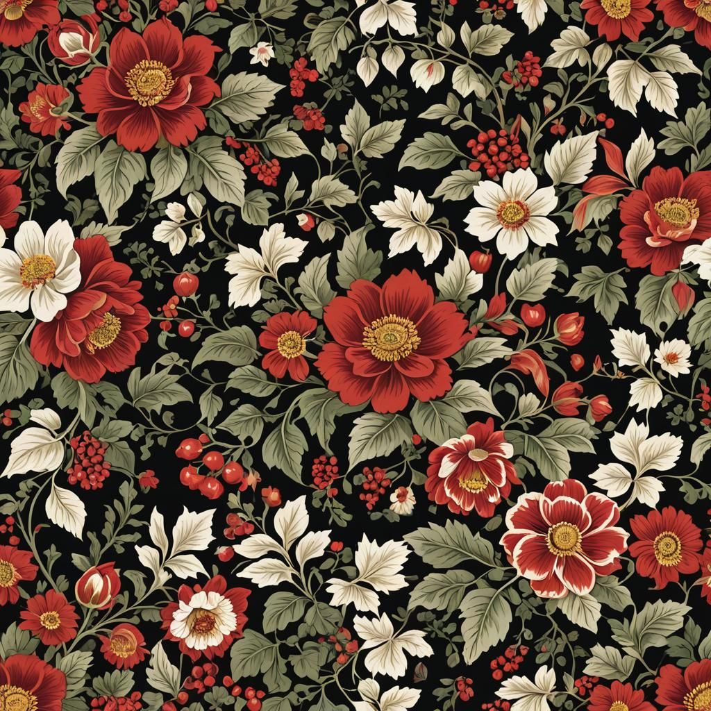 Intricate Red Floral Pattern on Black Background