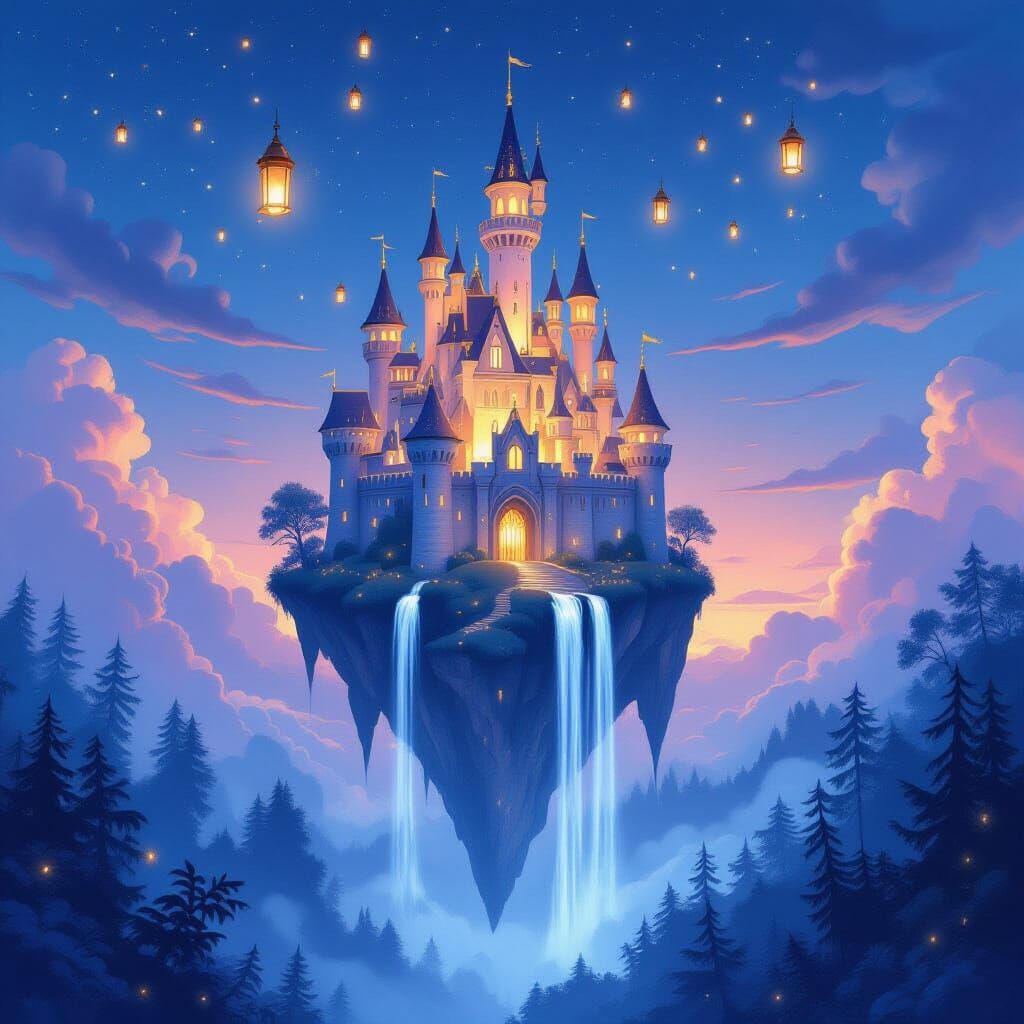 Upside-Down Castle Floating in Twilight Sky