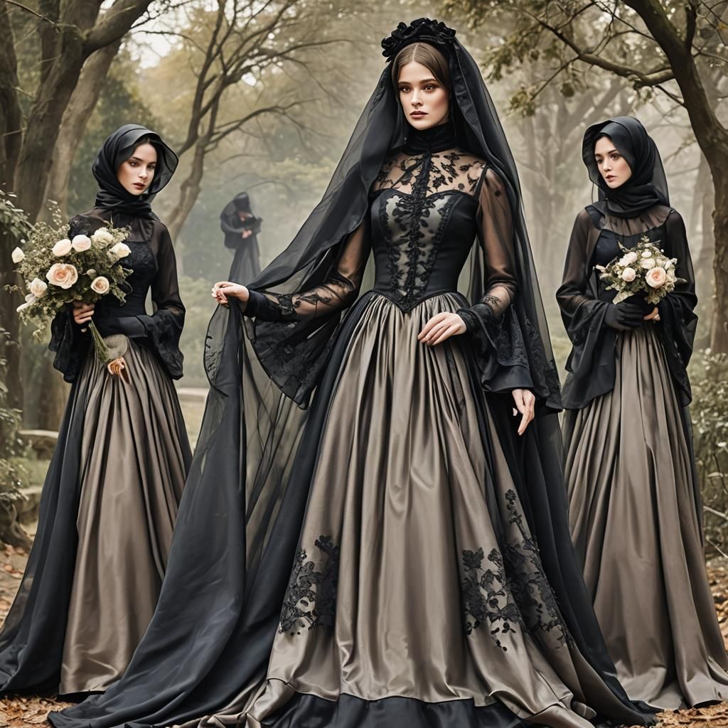Black Satin Victorian Mourning Gown with Headscarf