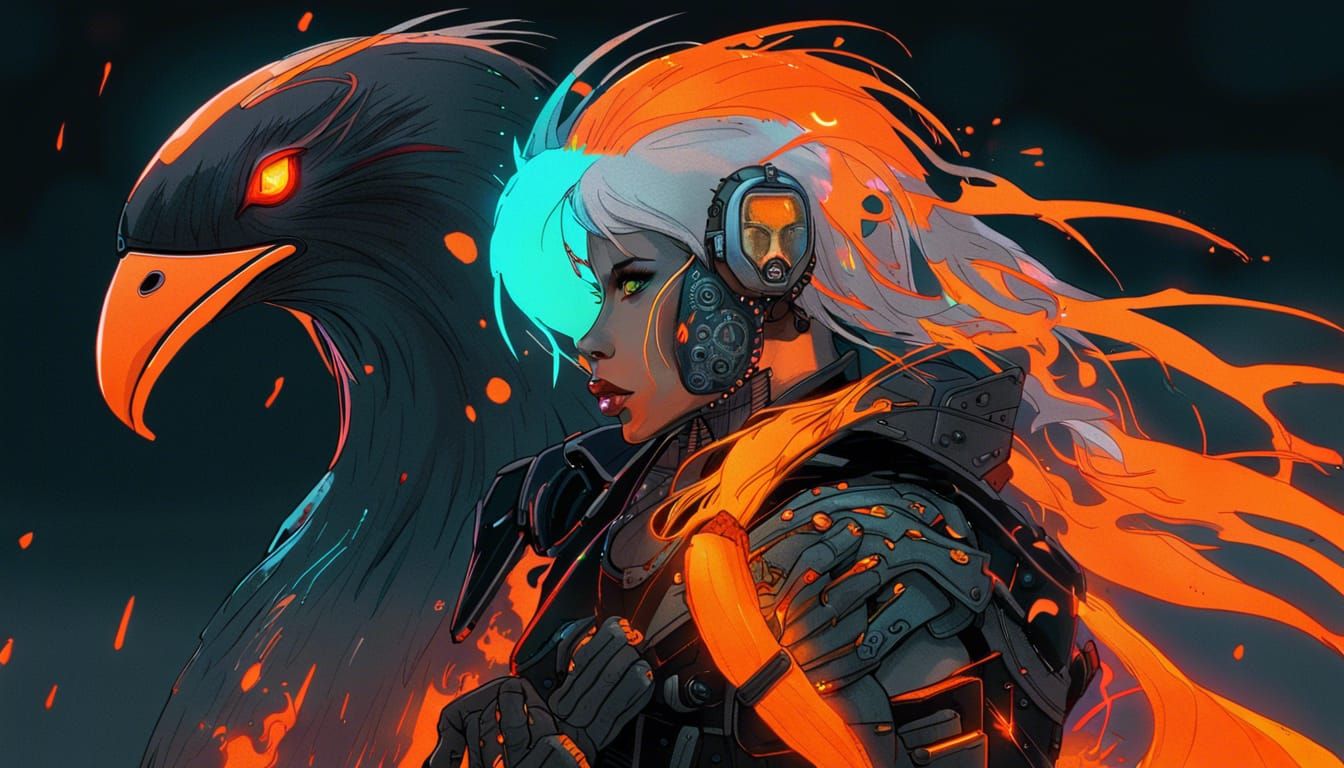 Cyberpunk Bird Woman with Fire Hair Illustration