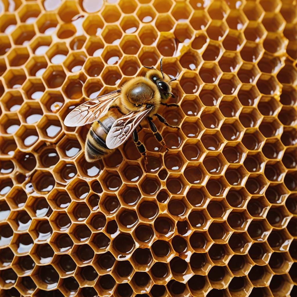Intricate Honeycomb in Close-Up, a Delightful Scene of Bees....