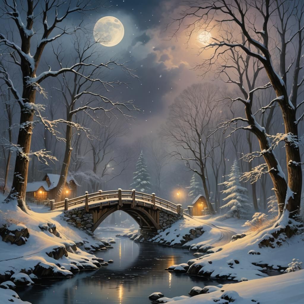 Winter Snowstorm: Covered Bridge in Moonlight