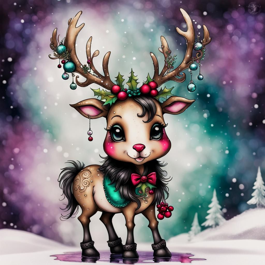 Whimsical Goth Christmas Scene with Reindeer and Unicorns