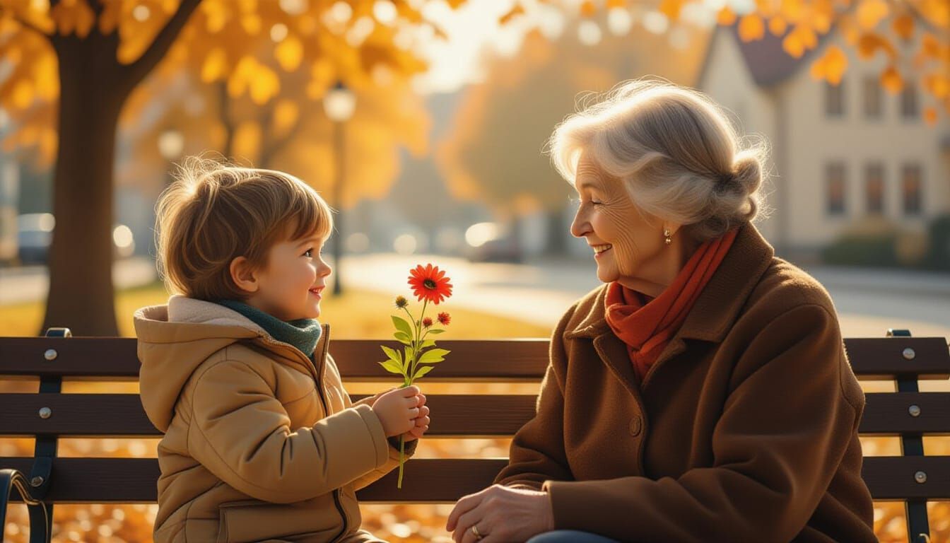 Child's Kindness Inspires Elderly Smile in Autumn Park