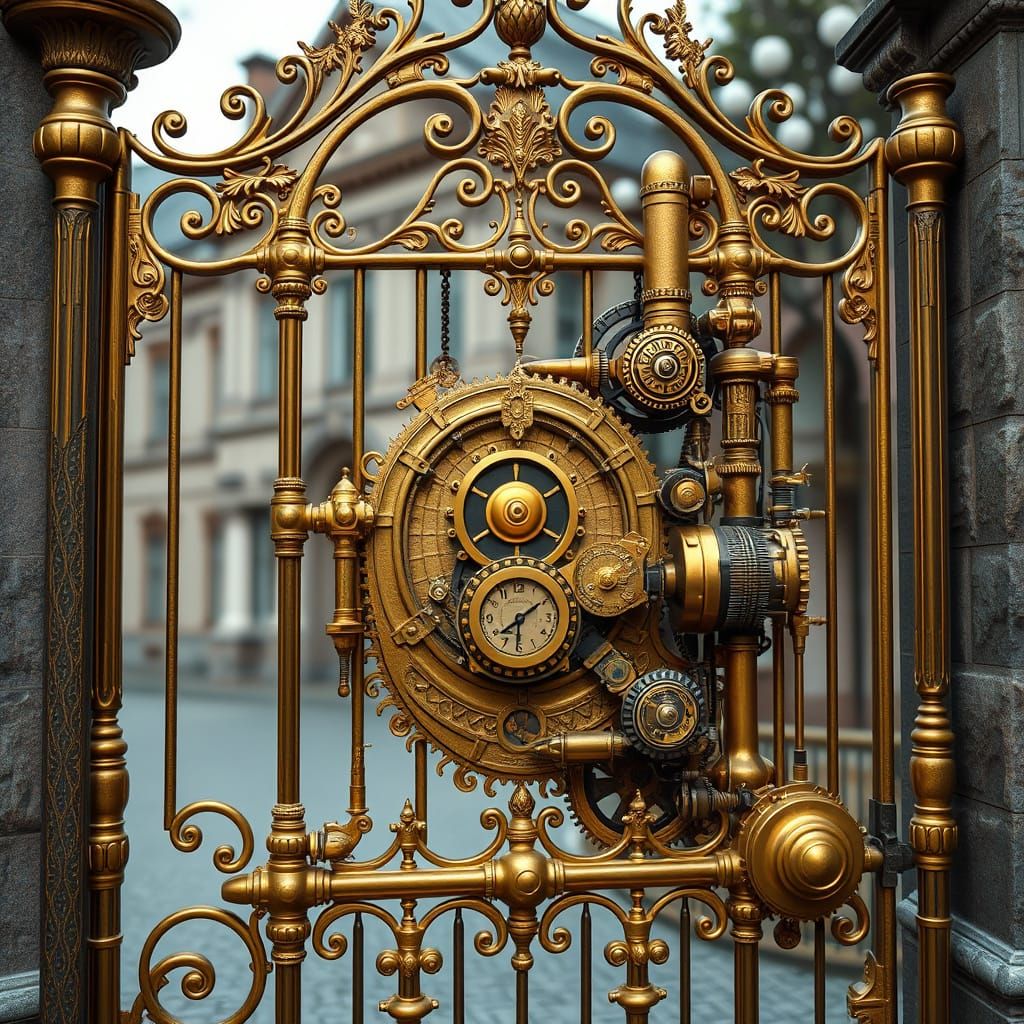Golden Steampunk Gate in Elegant Academy Setting