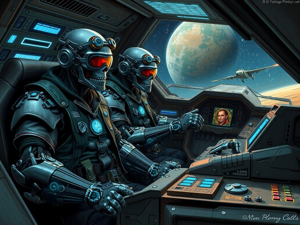 Cyborg Orc Pilots a Futuristic Spaceship Through a Starry Ga...