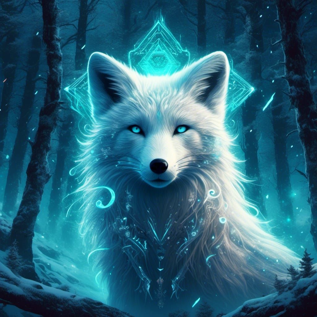 Glowing Arctic Fox in Starry Forest