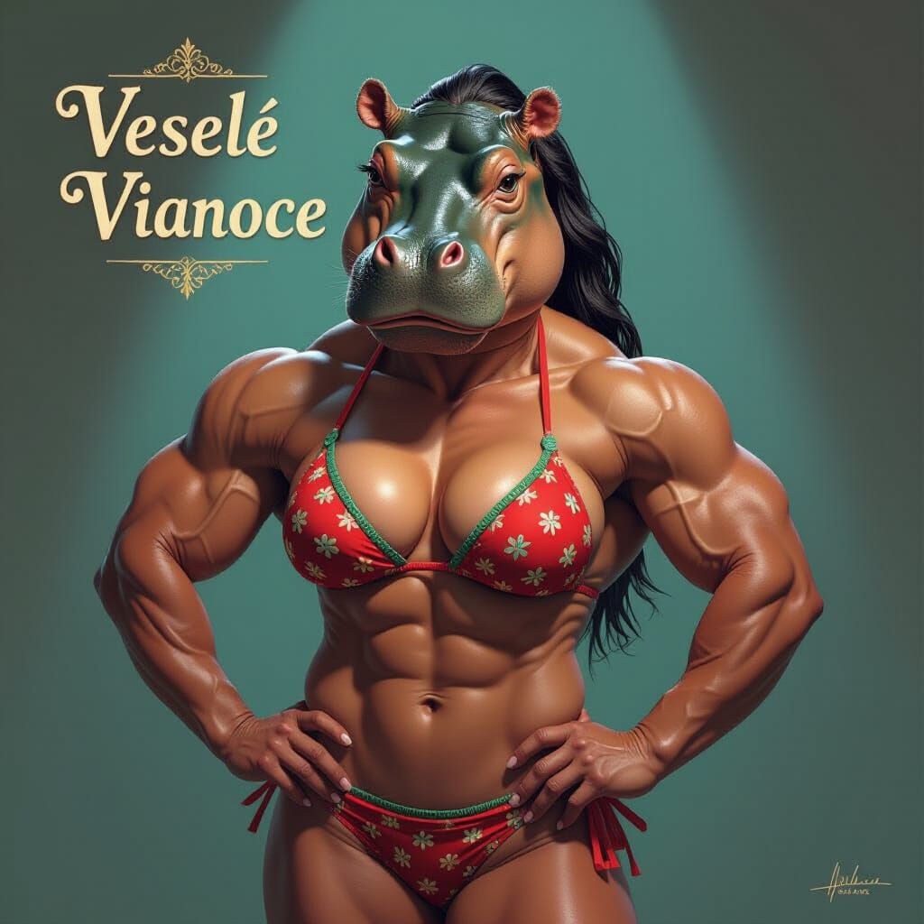 Muscular Hippopotamus Woman Poses in Festive Bikini