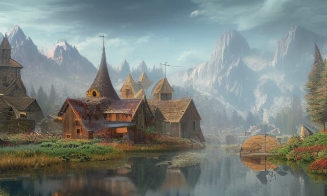 Nordic Village at Sunset: A Detailed Matte Painting