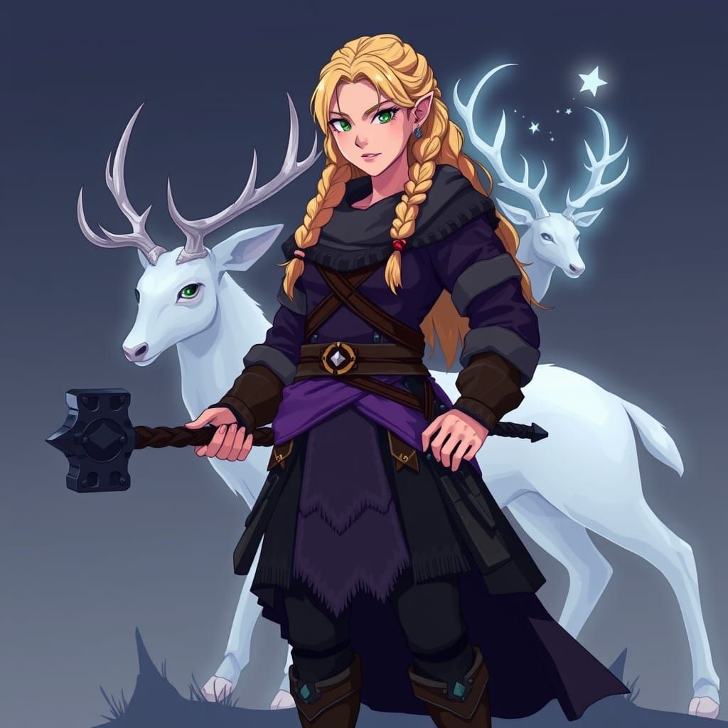 Dwarf Warrior with Mystical Deer in Anime Style