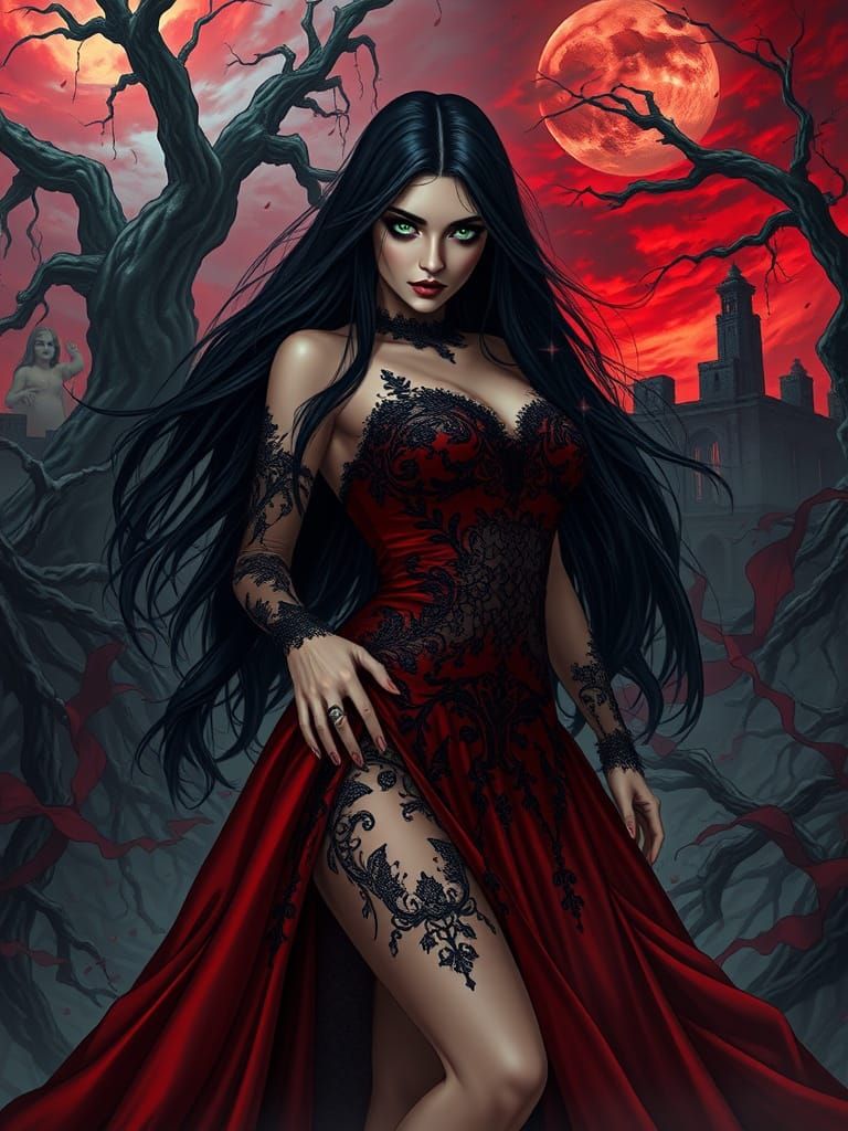 Sensual Dark Fantasy Goddess in Crimson Gown, Amidst Twisted...