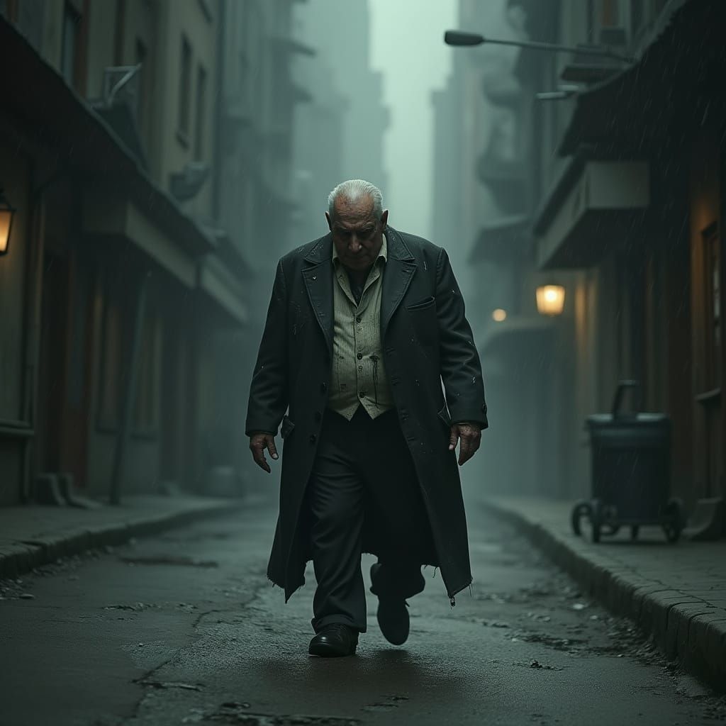Obese Man Walks Stormy Street in Gritty Realism Style