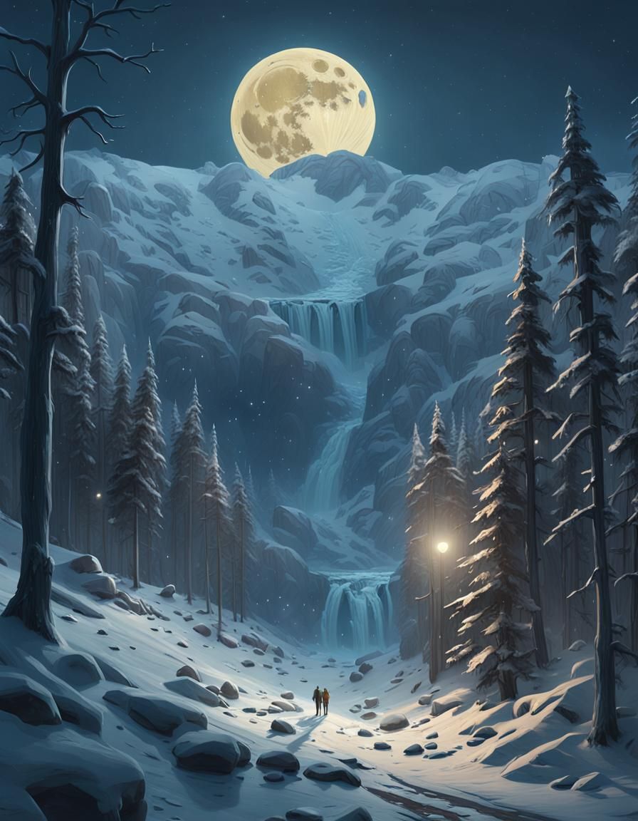 Snowy Forest Under Moonlight: A Digital Matte Painting
