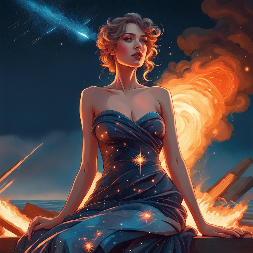 Sensual Woman Under Meteor Shower in 8k