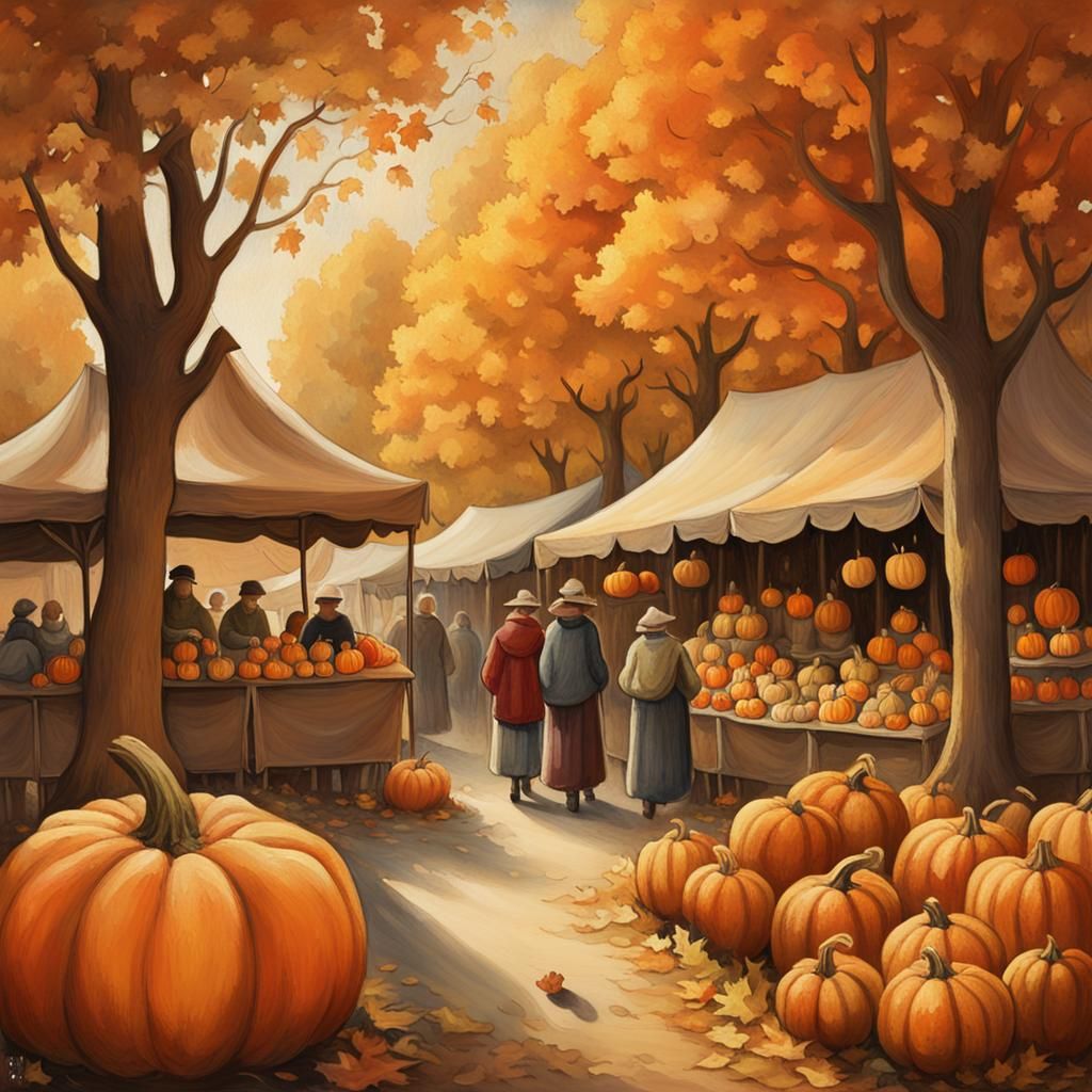 Whimsical Autumn Market Scene in Oil Painting Style