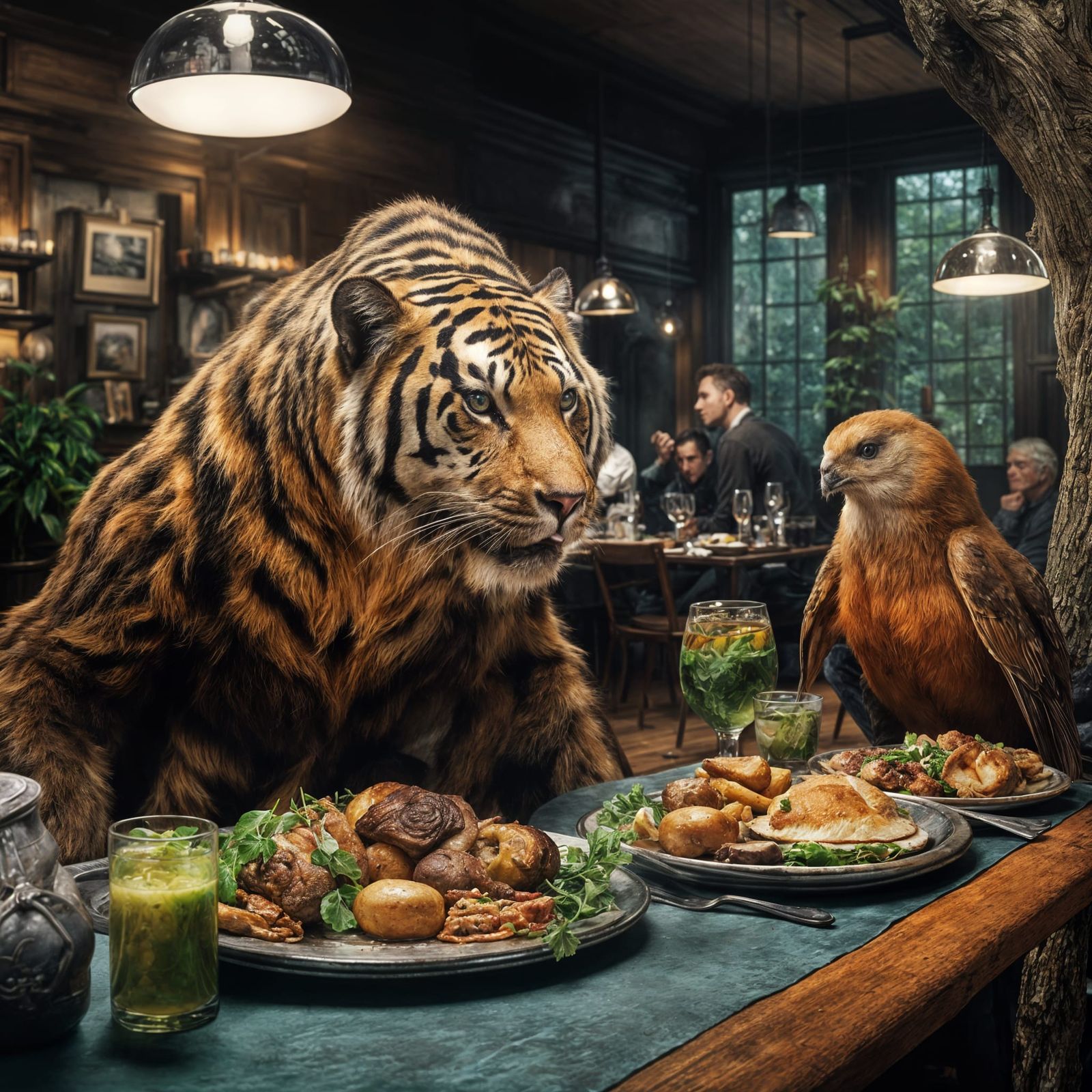 Hyperrealistic Bistro Scene with Fantastic Creatures