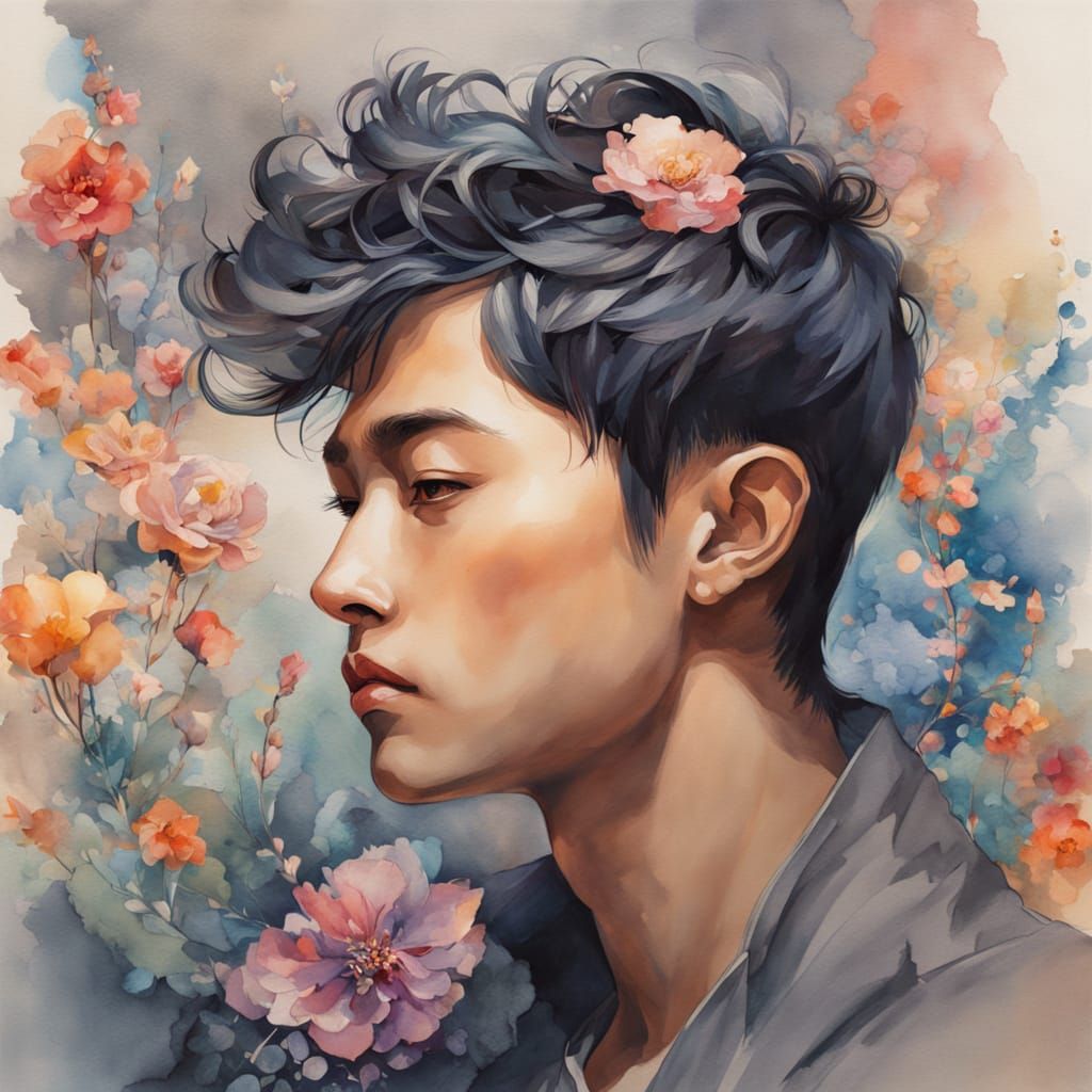 Watercolor Portrait of a Young Man with Floral Background