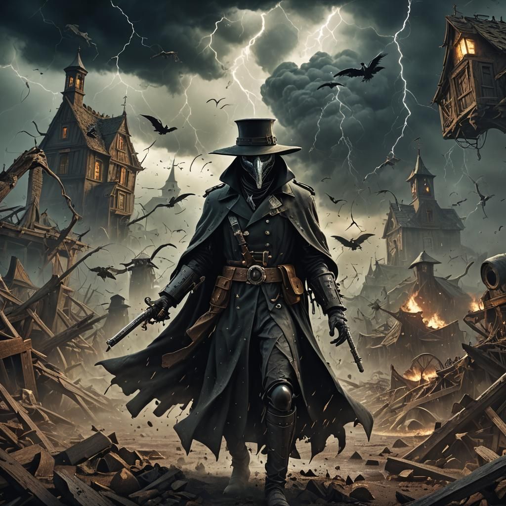 Plague Doctor in Germ Tornado: Detailed Matte Painting