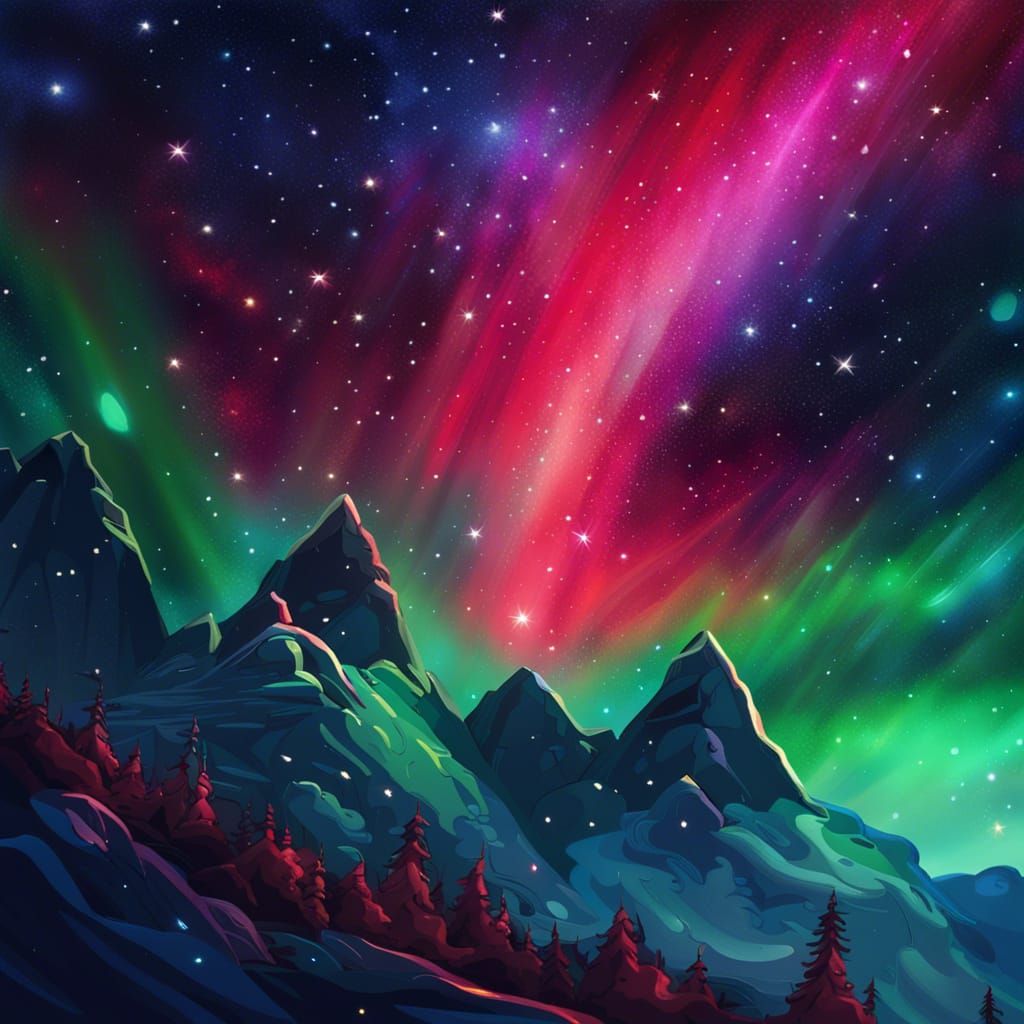 Hyperrealistic Ruby Starry Night with Northern Lights