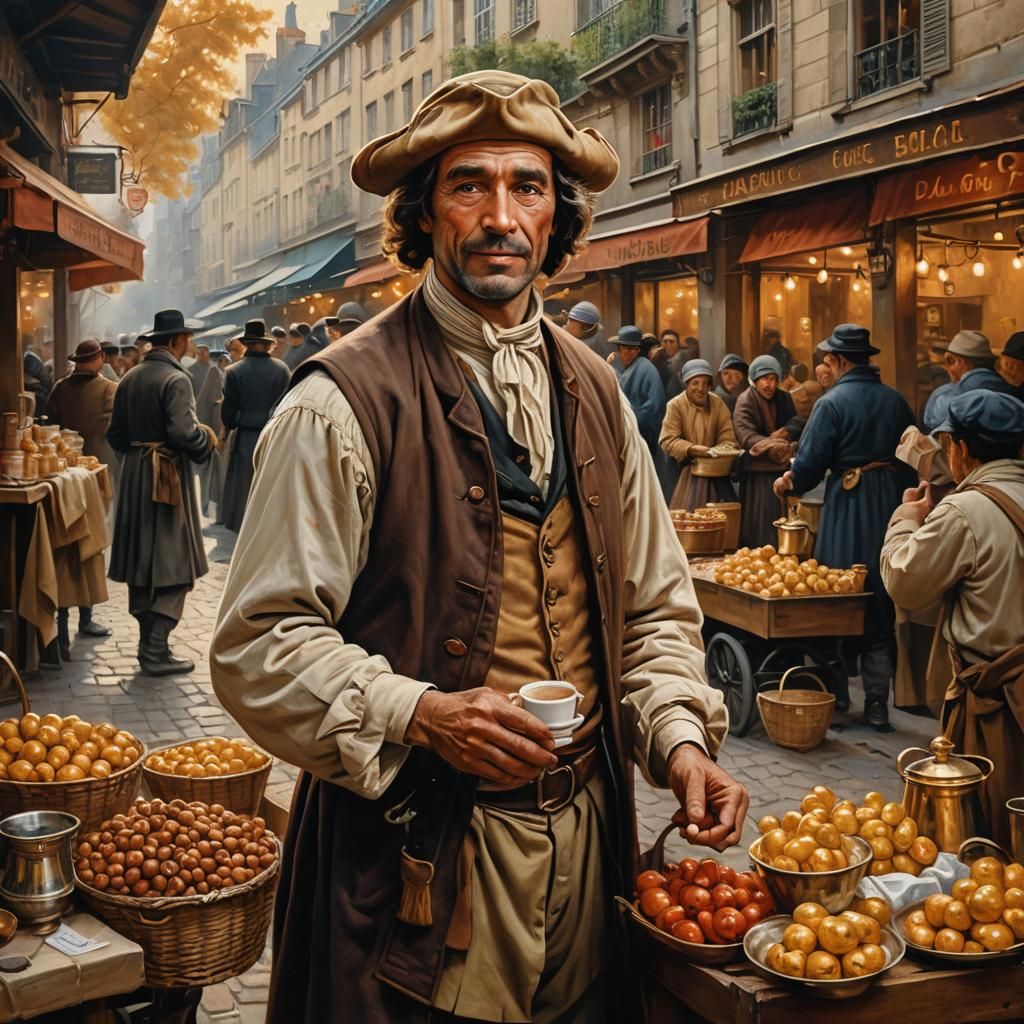 Parisian Coffee Seller: Oil Painting in Realistic Style