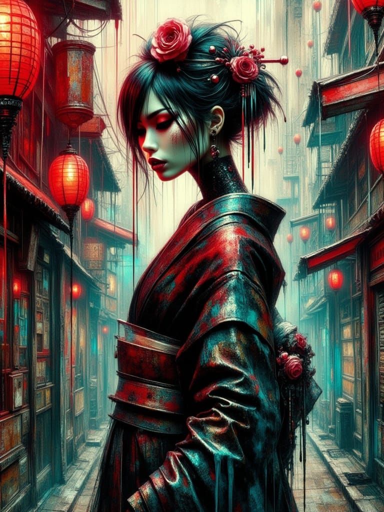 Cyberpunk Geisha Punk Pin-Up in Urban Street