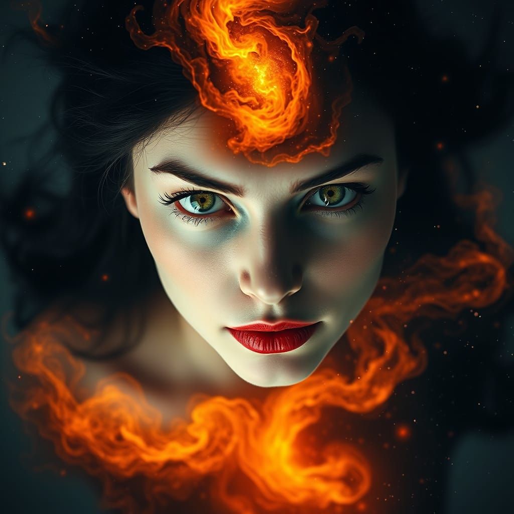 Surreal Woman Portrait in Cosmic Nebula, Top-Down View