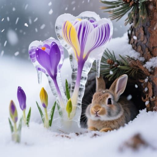 Spring Crocuses Encased in Ice Blizzard with Bunny