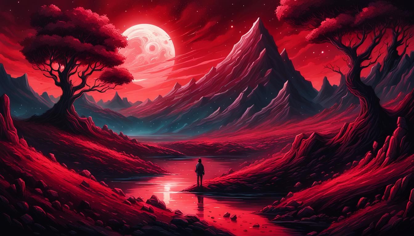 Crimson and Black Cosmic Landscape as Digital Art