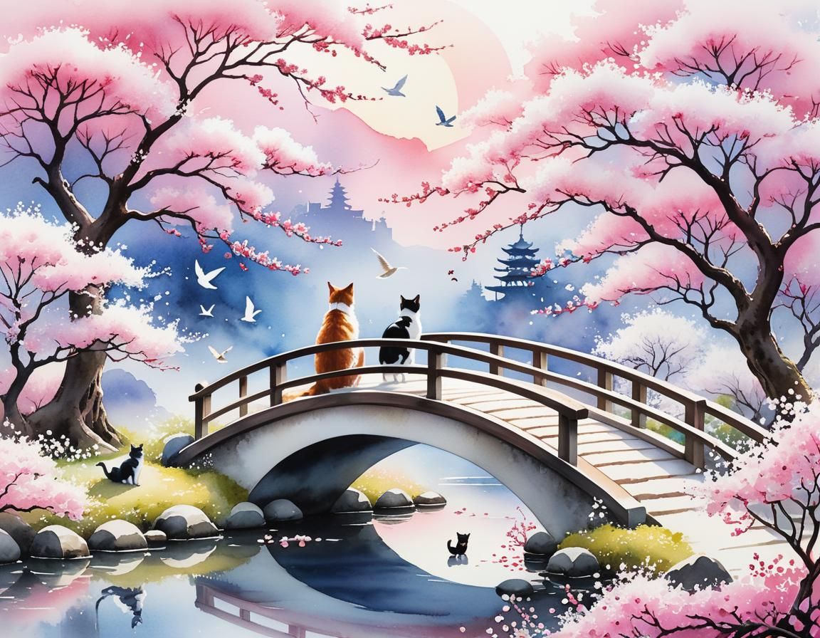 Zen Garden with Fractal Cherry Blossoms Watercolor