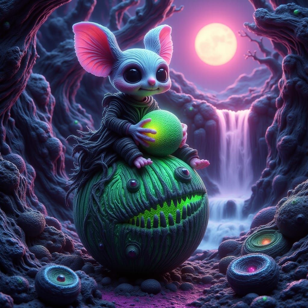 Skeletal Chibi Mouse Holds Glowing Orb Amidst Eerie Landscap...