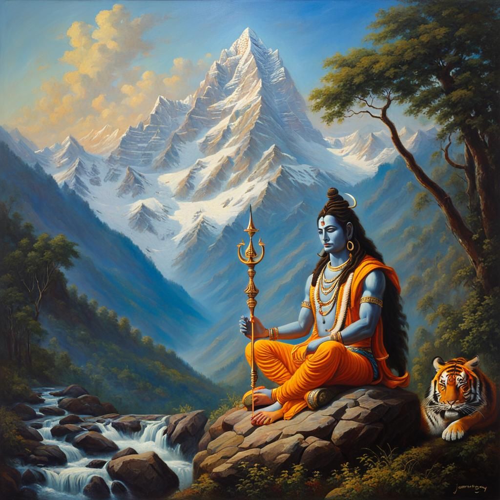 Lord Shiva Meditating in Himalayas, Oil Painting
